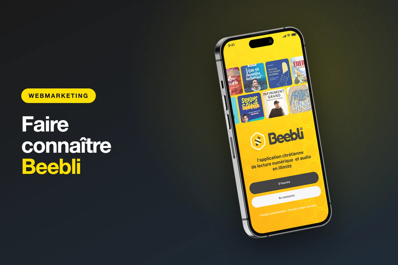 Page d’accueil de Beebli, présentant l’application de lecture et d’écoute sur trois téléphones.