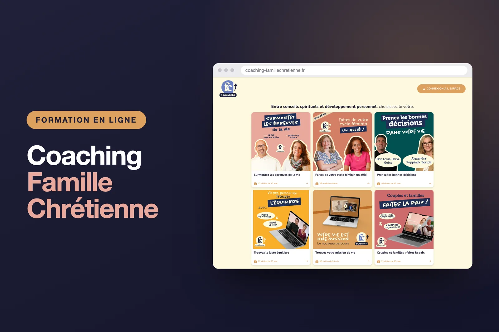 Page d’accueil du site Coaching Famille Chrétienne, présentant six formations vidéo en vignettes, chacune avec ses intervenants et son nombre de modules.