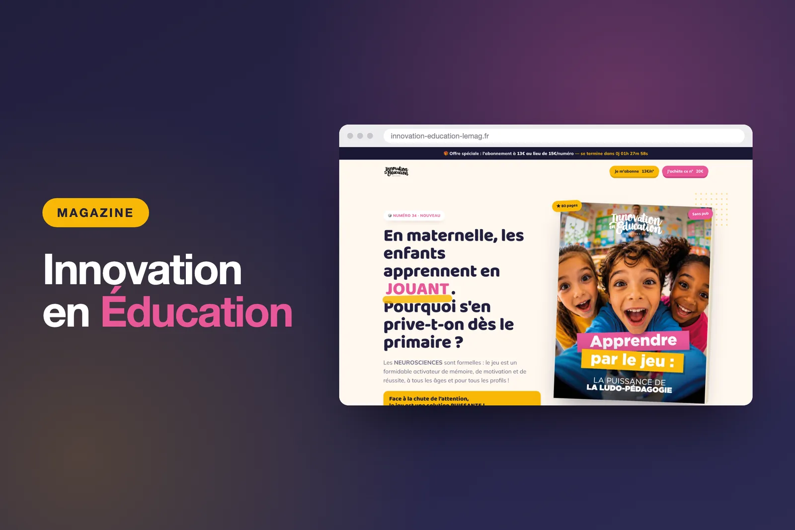 Page de vente du numéro 34 d’Innovation en Éducation, avec la couverture du magazine consacrée à l’apprentissage par le jeu.