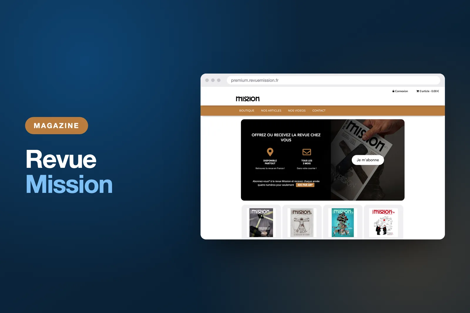 Boutique en ligne de la Revue Mission, présentant l’offre d’abonnement et les numéros parus.